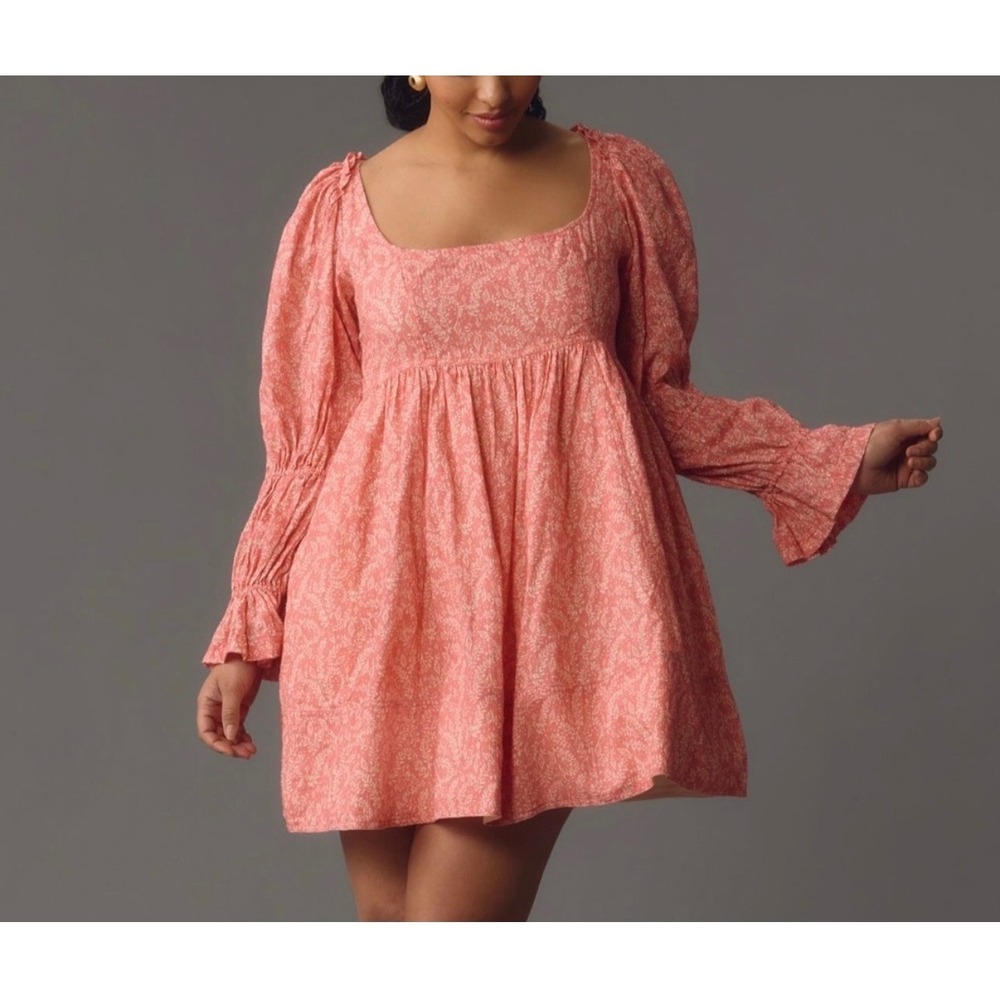 Pilcro Babydoll Mini Dress Womens Medium Pink Long Puff Sleeve Tie Back